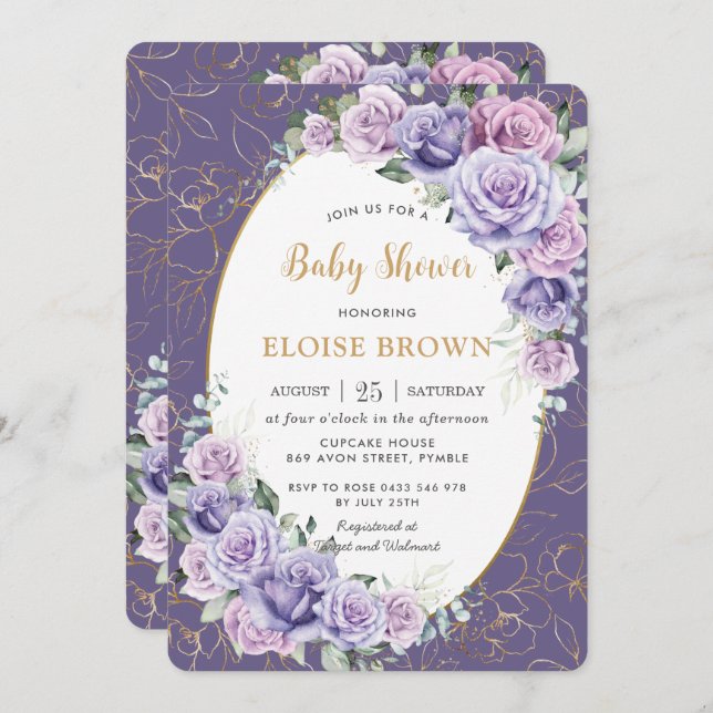 Invitation Lavande violette Lavande Rose Baby shower Floral (Devant / Derrière)