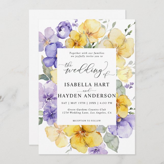Invitation Lavande violette Lilac jaune Mariage floral rustiq (Devant / Derrière)
