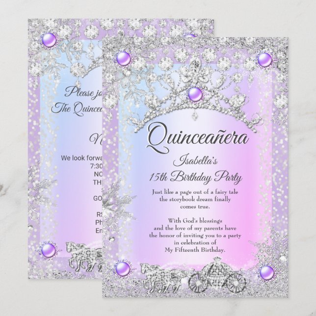 Invitation Lavande violette Quinceanera 15e Voiture d'hiver (Devant / Derrière)