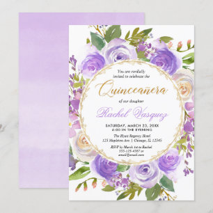 Invitation Lave florale pourpre de Quinceanera lilas