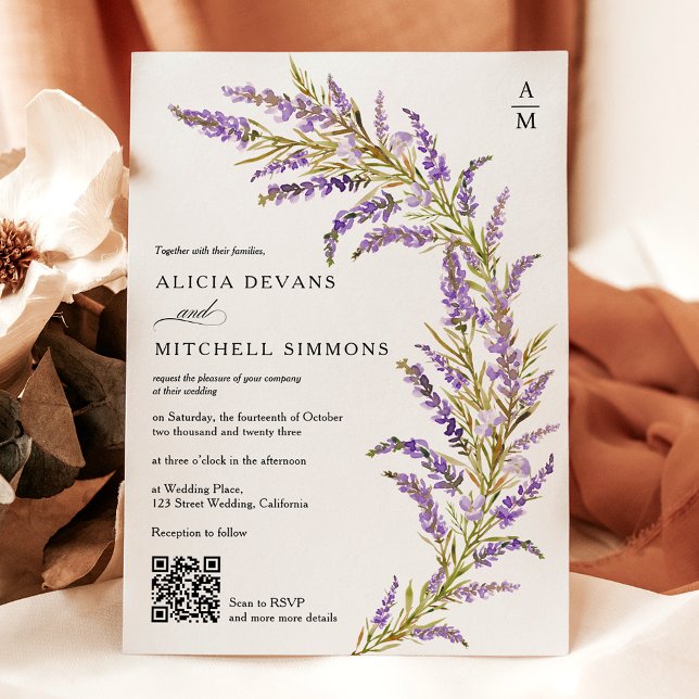 Invitation Lavender Automne automne aquarelle florale QR mari (Lavender Fall autumn floral watercolor QR wedding Invitation)