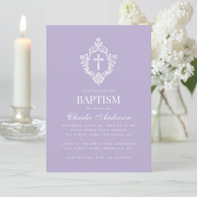 Invitation Lavender Baptism Cross in Crest Elegant Vintage  (Créateur téléchargé)