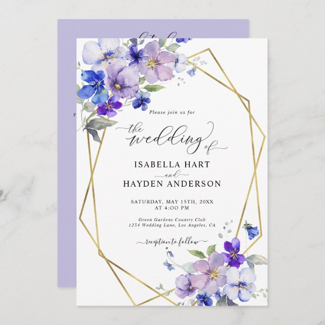 Invitation Lavender Blue Gold Purple All In 1 QR Code Mariage (Devant / Derrière)