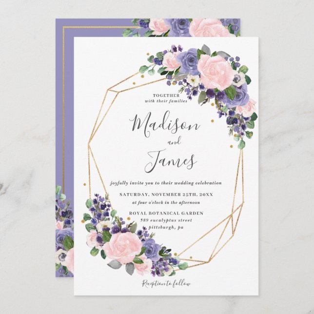 Invitation Lavender Blush Floral Mariage Cadre géométrique Or (Devant / Derrière)