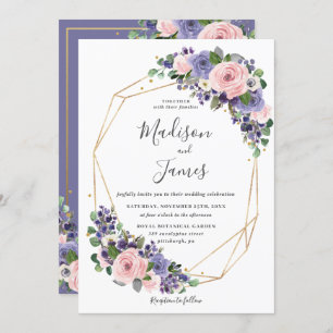 Invitation Lavender Blush Floral Mariage Cadre géométrique Or