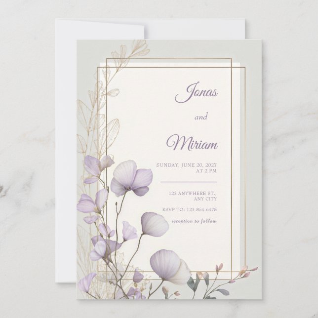 Invitation Lavender Botanical Double Gold Frame Wedding (Devant)