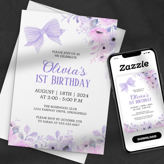 Invitation Lavender Bow et Floral Watercolor 1er anniversaire (Créateur téléchargé)