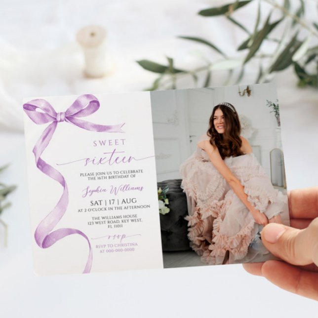 Invitation Lavender Bow Photo Sweet 16 Anniversaire Invitatio (Créateur téléchargé)