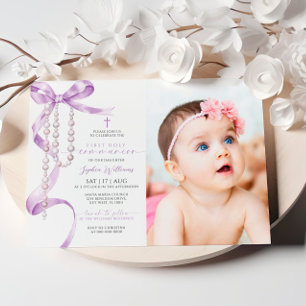 Invitation Lavender Bow & Rosary Photo First Holy Communion