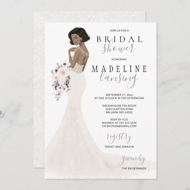 Invitation Lavender Bride dans la Fête des mariées Lace Gown (Devant / Derrière)