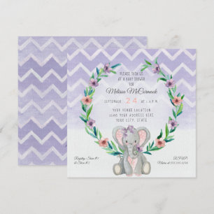 Invitation Lavender Cute Baby Elephant Wreath Floral Chevron