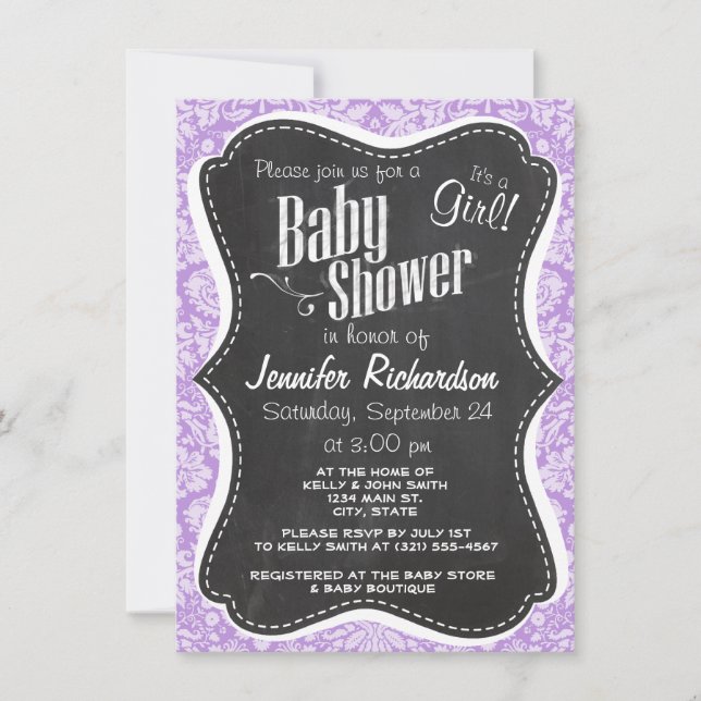 Invitation Lavender Damask ; Vintage Chalkboard look (Devant)