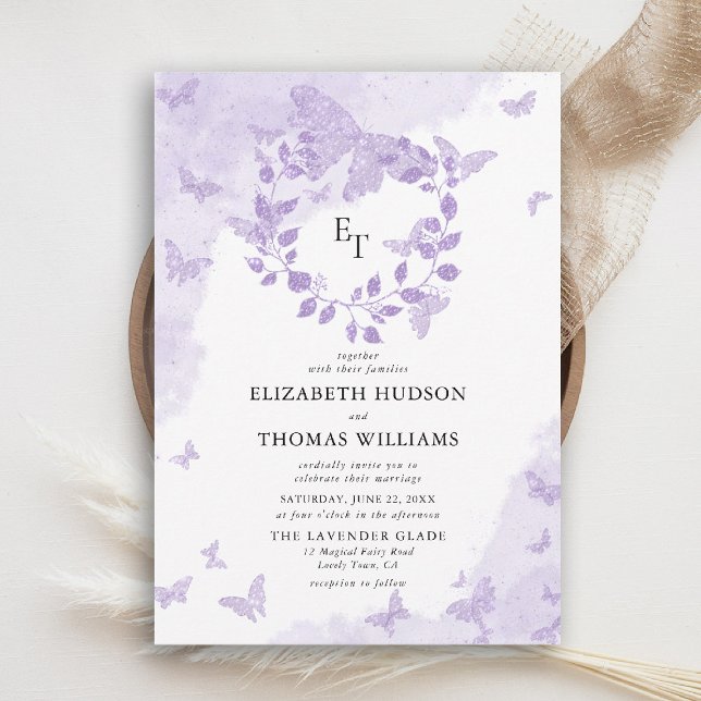 Invitation Lavender Dream Butterfly Eucalyptus Crest Wedding (butterfly wedding invitation lavender purple eucalyptus crest elegant modern romantic)
