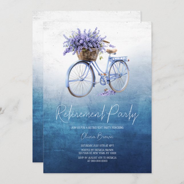 Invitation Lavender Dreams, Floral Bicycle Retirement Party (Devant / Derrière)