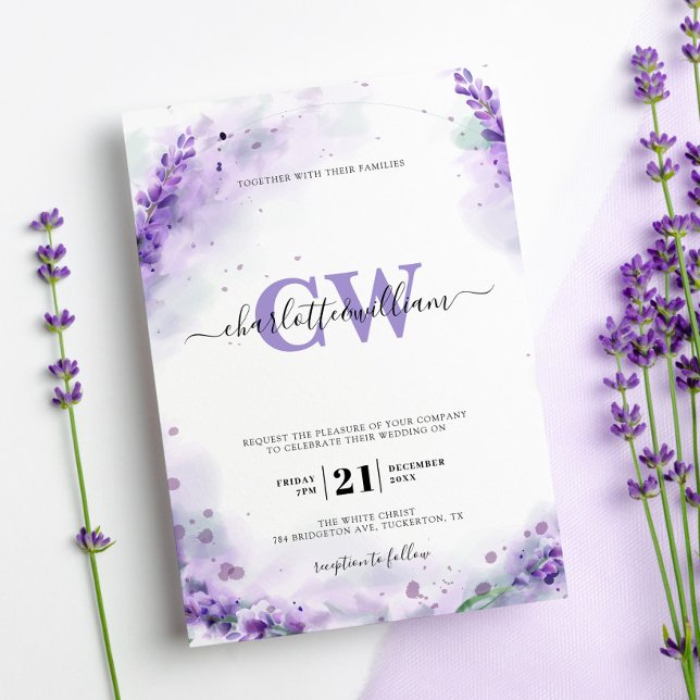 Invitation Lavender Elegant Aquarelle Monogram Mariage (Créateur téléchargé)