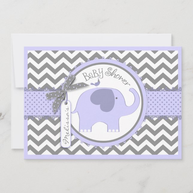 Invitation Lavender Elephant Bird Chevron Imprimer Baby showe (Devant)
