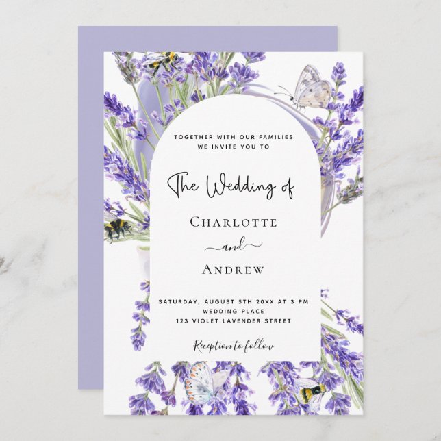Invitation Lavender floral arche blanche script mariage (Devant / Derrière)
