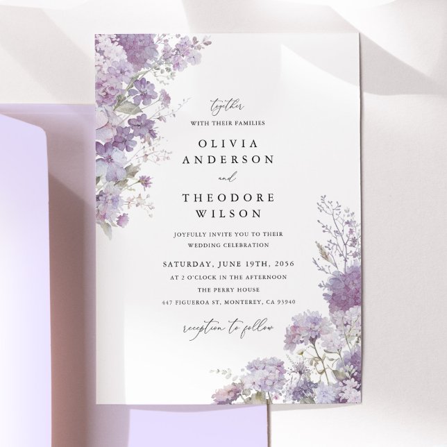 Invitation Lavender Floral Elegant Wedding (Lavender floral wedding invitation with hydrangea watercolor, elegant serif typography)