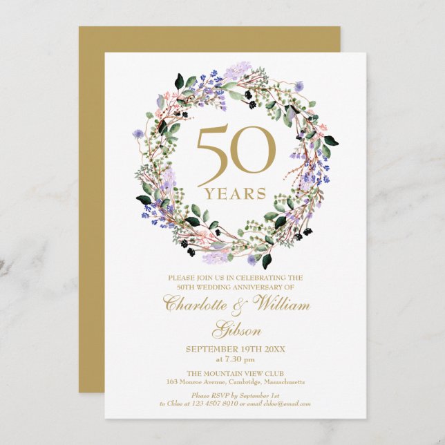 Invitation Lavender Floral Garland 50e anniversaire de Mariag (Devant / Derrière)