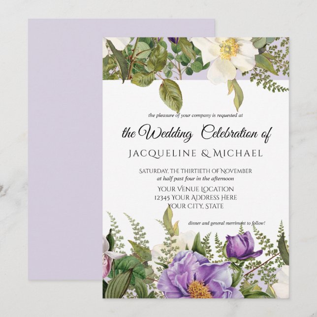 Invitation Lavender Floral Ivory Mariage Rose Peony w Foliage (Devant / Derrière)