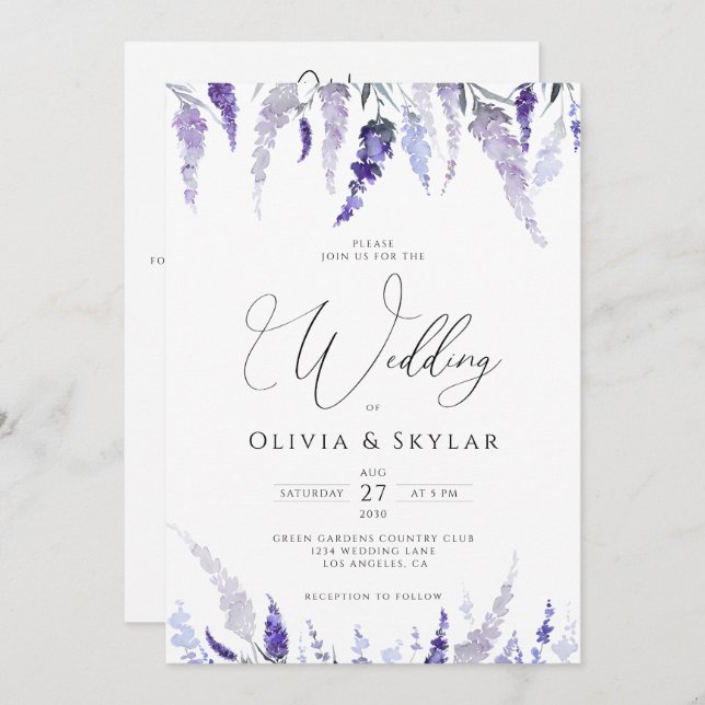 Invitation Lavender Floral Mauve QR Code Tout en un Mariage (Devant / Derrière)