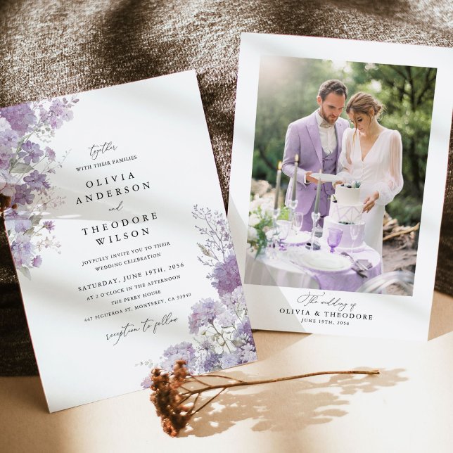 Invitation Lavender Floral Photo Back Elegant Wedding (Lavender floral photo back wedding invitation with hydrangea watercolor, romantic couple portrait)