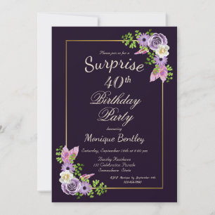 Invitation Lavender Floral Surprise 40e fête d'anniversaire