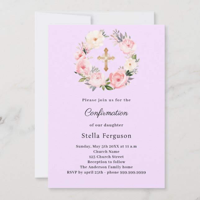 Invitation Lavender florals cross Confirmation (Devant)