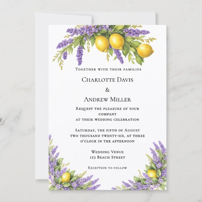 Invitation Lavender florals lemons wedding  (Devant)