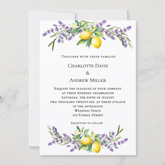 Invitation Lavender florals lemons wedding  (Devant)