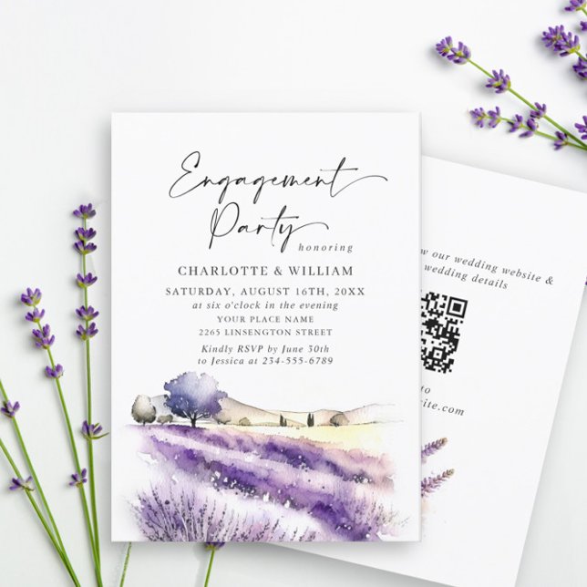 Invitation Lavender Flowers Champ ENGAGEMENT PARTIE QR code (Créateur téléchargé)