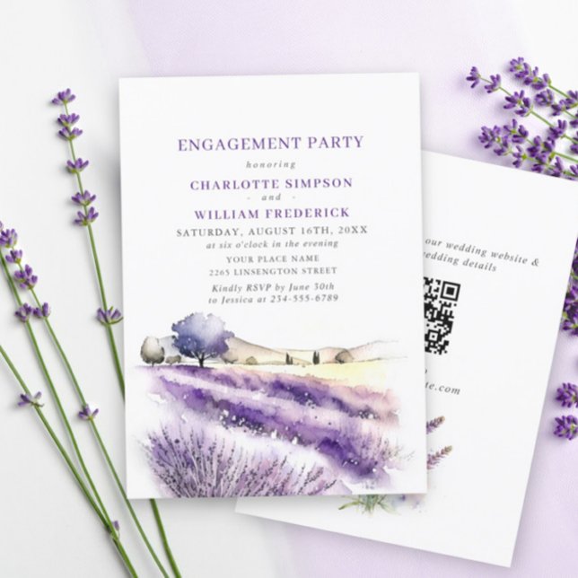 Invitation Lavender Flowers Champ ENGAGEMENT PARTIE QR code (Créateur téléchargé)