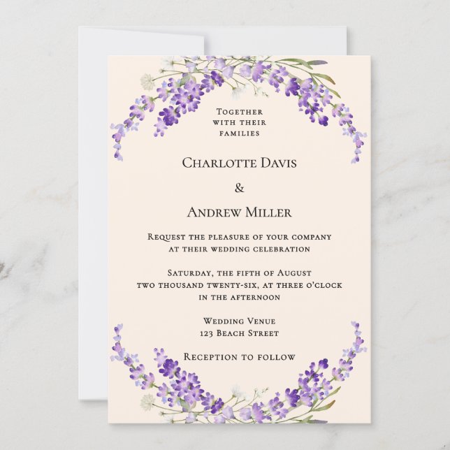Invitation Lavender flowers champage cream wedding (Devant)