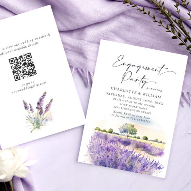 Invitation Lavender Flowers Field Engagement Party QR code (Créateur téléchargé)