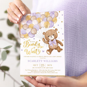 Invitation Lavender Gold Brown Teddy Bear Girl Baby shower