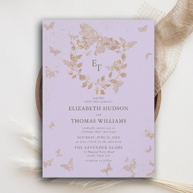 Invitation Lavender Gold Butterflies Monograms Wreath Wedding (butterfly wedding invitation lavender gold purple eucalyptus crest elegant modern classic romantic)