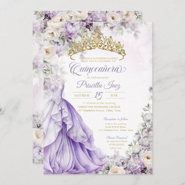 Invitation Lavender Gold Elegant Gown Princesse Quinceañera (Devant / Derrière)