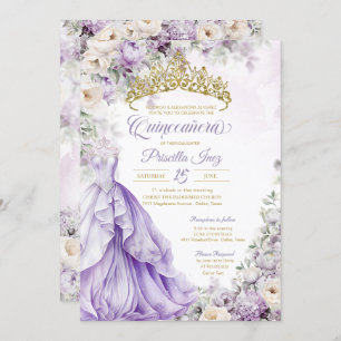 Invitation Lavender Gold Elegant Gown Princesse Quinceañera