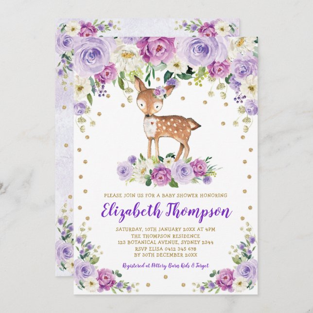 Invitation Lavender Gold Floral Baby shower de cerfs de bois (Devant / Derrière)