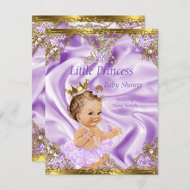 Invitation Lavender Gold Princess Baby shower Brunette Girl (Devant / Derrière)