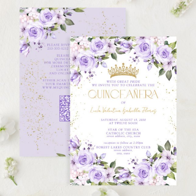 Invitation Lavender Gold QR Quinceañera Mis Quince 15 Años (Créateur téléchargé)