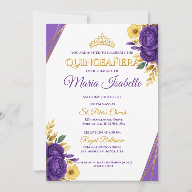 Invitation Lavender & Gold Quinceañera (Devant)