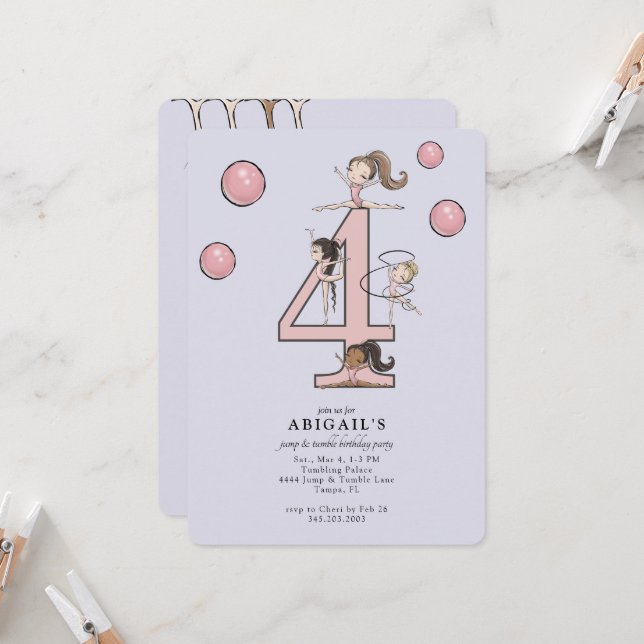 Invitation Lavender Jump & Tumble Gymnastics 4th Birthday (Devant/Arrière en situation)
