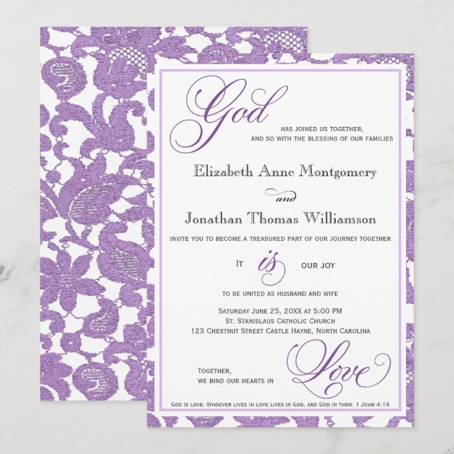 Invitation Lavender Lace Dieu est Amour Mariage chrétien (Devant / Derrière)