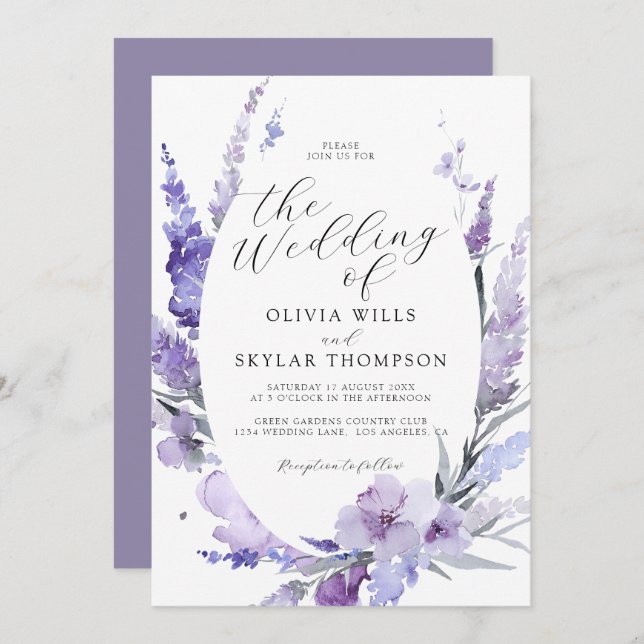 Invitation Lavender Lilac Floral Botanique Violet Mariage (Devant / Derrière)