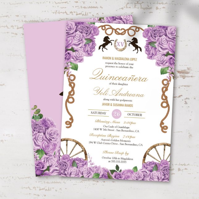 Invitation Lavender Lilac Roses Ouest Charro Quinceanera (Créateur téléchargé)