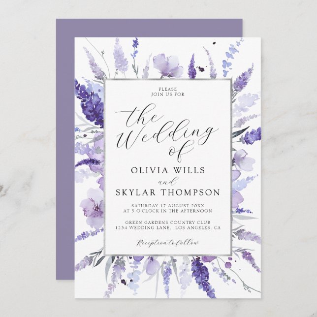 Invitation Lavender Lilac Silver Mariage botanique floral (Devant / Derrière)