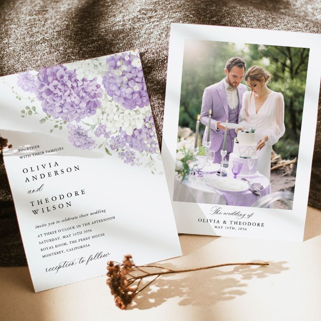 Invitation Lavender Lilac White Floral Photo Wedding (Lavender wedding photo invitation with hydrangea floral, romantic, elegant lilac purple invites)