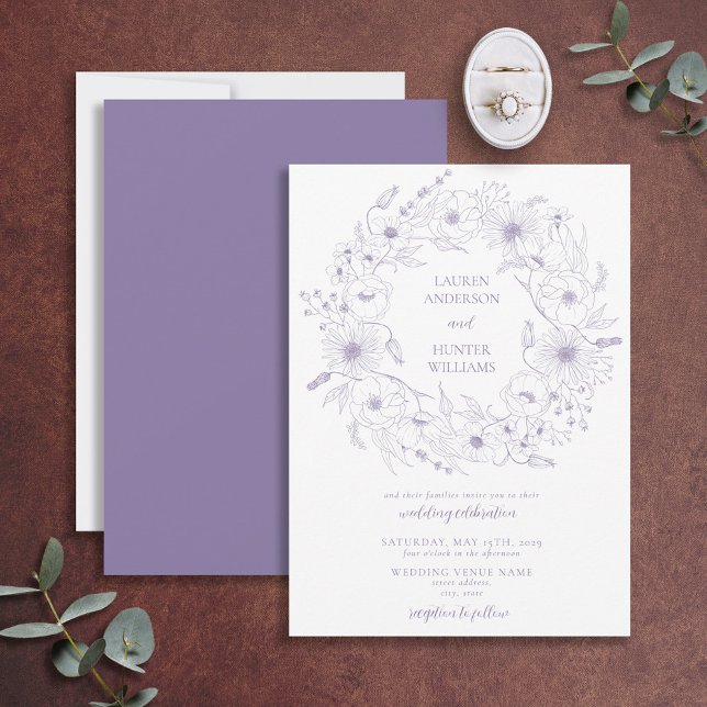 Invitation Lavender Line Art Floral Wreath Mariage (Créateur téléchargé)