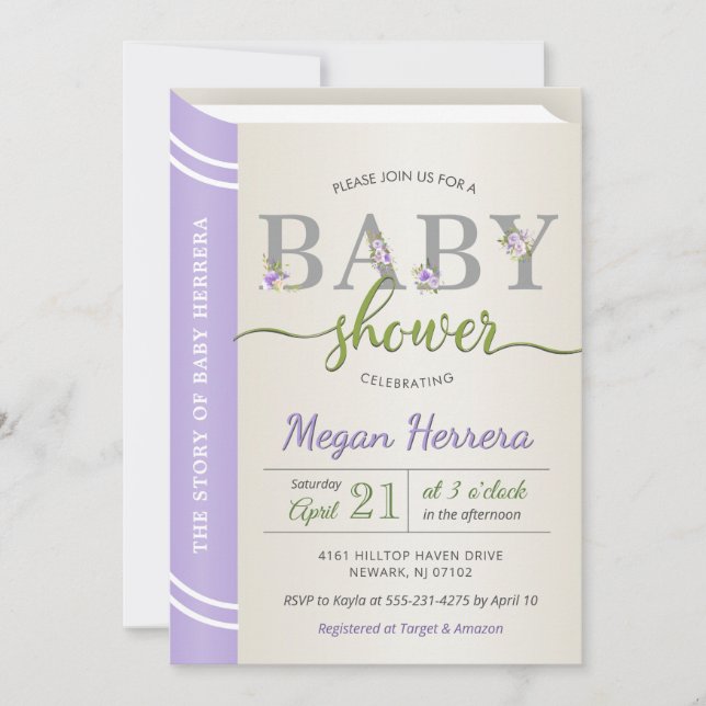 Invitation Lavender livre livre bibliothèque Baby shower fill (Devant)